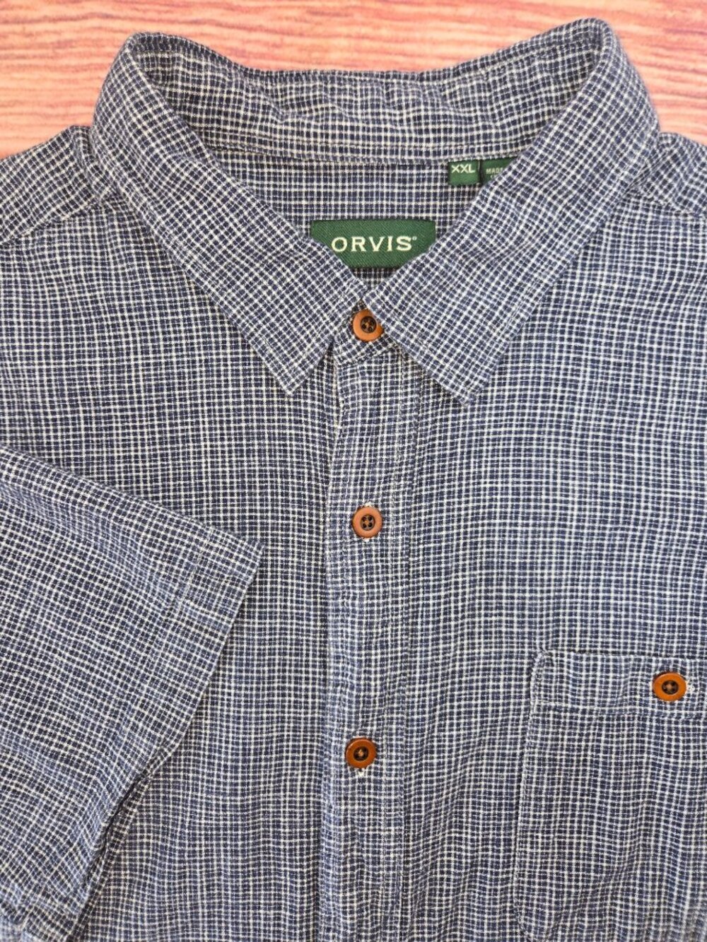 Orvis Mens Navy Plaid Short Sleeve Button-Up Shirt XXL Hemp Blend